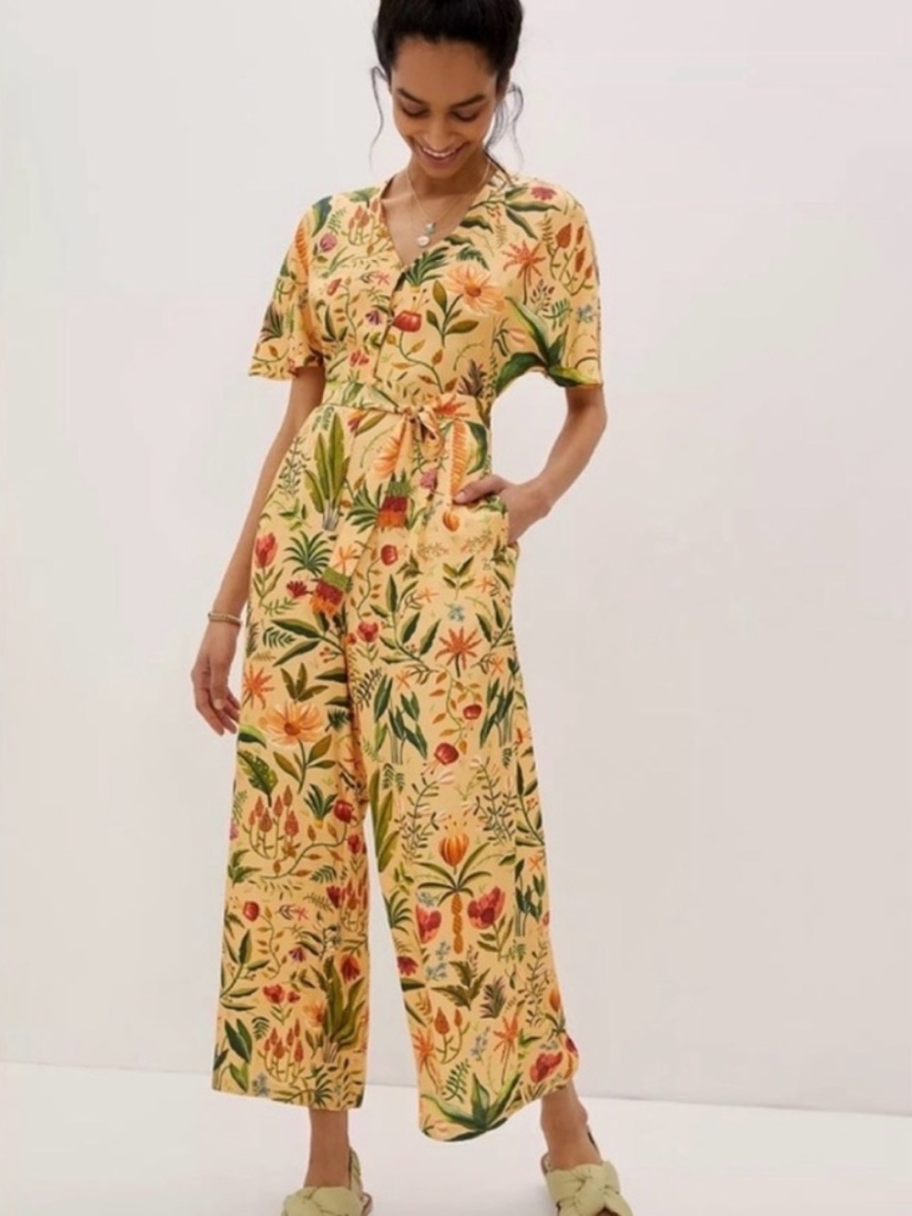 FARM Rio Yellow Floral Short-Sleeve Wide-Leg Jumpsuit